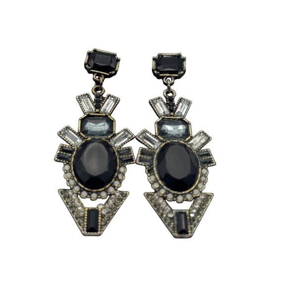 Vintage Style Dangle Earrings Black Stone Geometric Design Statement Jewelry - Picture 2 of 3